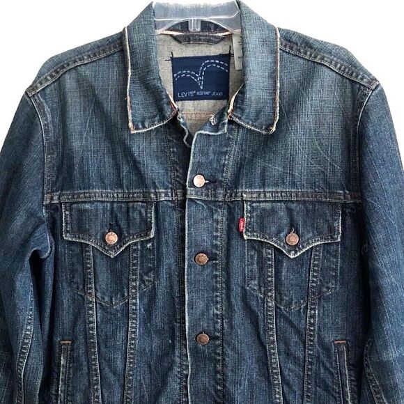 Levis Slim Trucker Jean Jacket Size L Y2k Red Tab Distressed Dark Wash Denim - Picture 2 of 14